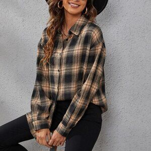 Black and Khaki Casual Womens Plaid Print Drop Shoulder Shirt
